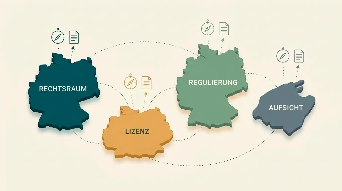 Schematische Darstellung der Lizenzjurisdiktionen Malta, Curaçao und Anjouan im Verhältnis zur deutschen GGL-Aufsicht.
