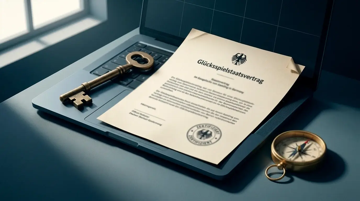 Symbolische Darstellung des deutschen Glücksspielmarkts mit Whitelist und Schutzsystemen rund um Anbieter ohne deutsche Erlaubnis.