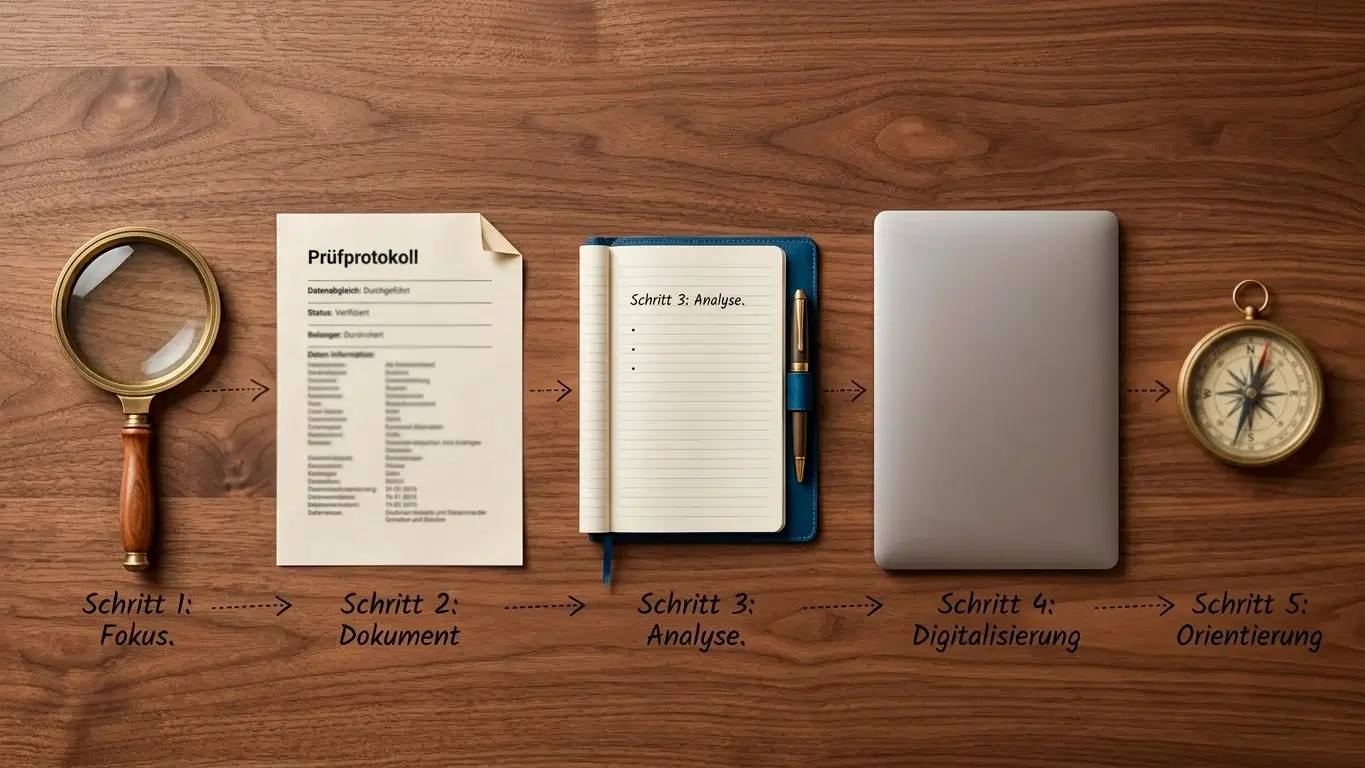 Visualisierung eines fünfteiligen Prüfprozesses zur Verifikation einer deutschen Glücksspiellizenz mit Whitelist-Abfrage.