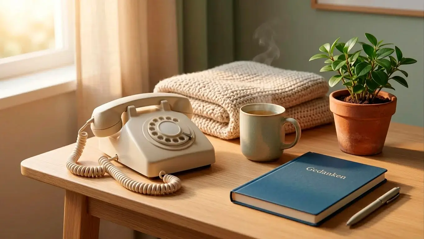 Helpline-Motiv mit Telefonhörer und Beratungssymbolik für deutsche Anlaufstellen bei Glücksspielsucht.